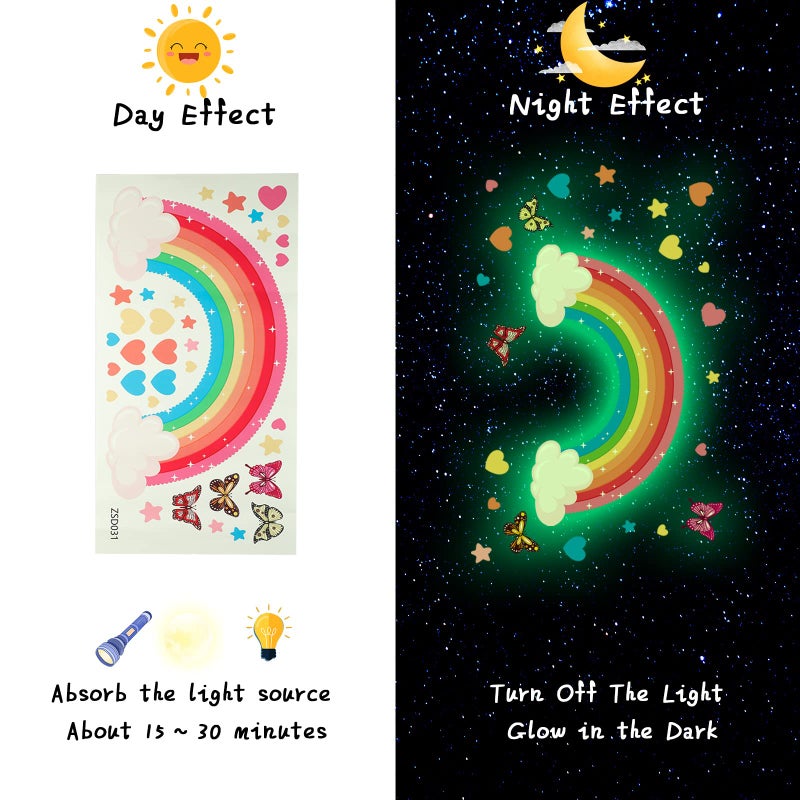 Saffica Glow in The Dark Large Rainbow Wall Decals Removable Star Butterfly Heart Sticker Glowing Rainbow Wallpaper Watercolor Vinyl Sticker for Nursery Teen Bedroom Decoration - Image 4